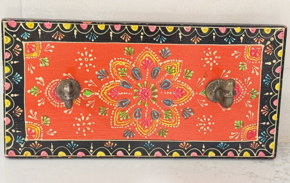 Indian Hand Painted Wood Key Rack Mandala Wall Hook Organizer 10" Boho Folk Art